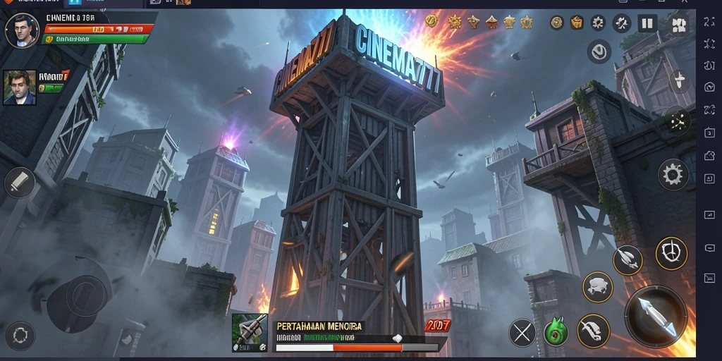 Screenshot utama gameplay CINEMA777 yang menampilkan menara bertahan dari serangan musuh.