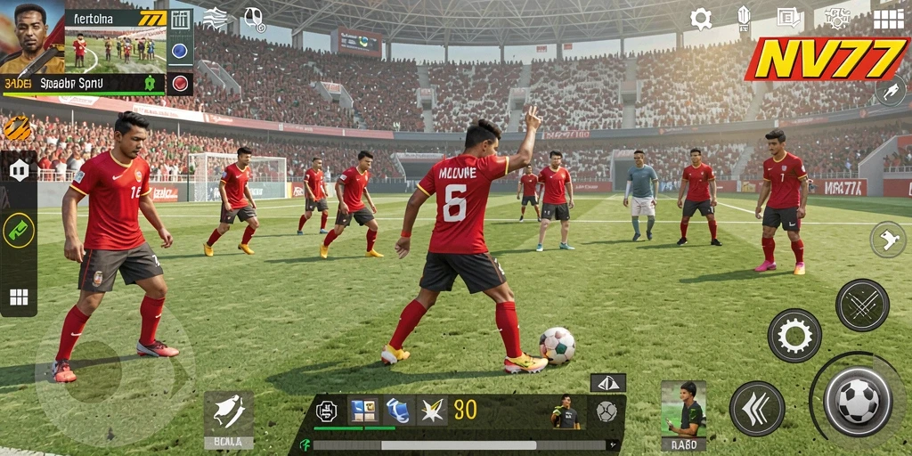 Screenshot menunjukkan aksi seru di lapangan olahraga NV77.