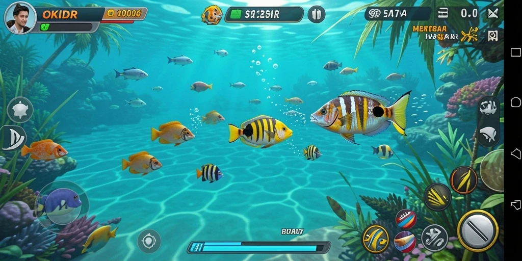 Screenshot gameplay menyenangkan dari OKIDR yang menunjukkan aksi menembak ikan.