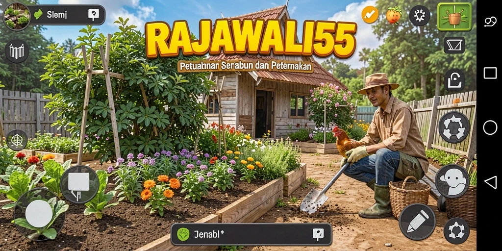 Screenshot gameplay RAJAWALI55 menampilkan kebun yang subur dan hewan ternak yang sehat.